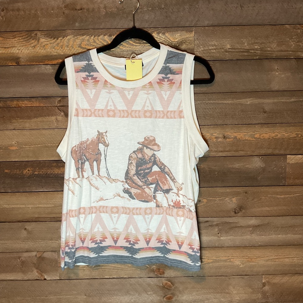 Fashion Express Beige Western Cowboy and Horse Theme Tank Women’s Size Large NWT